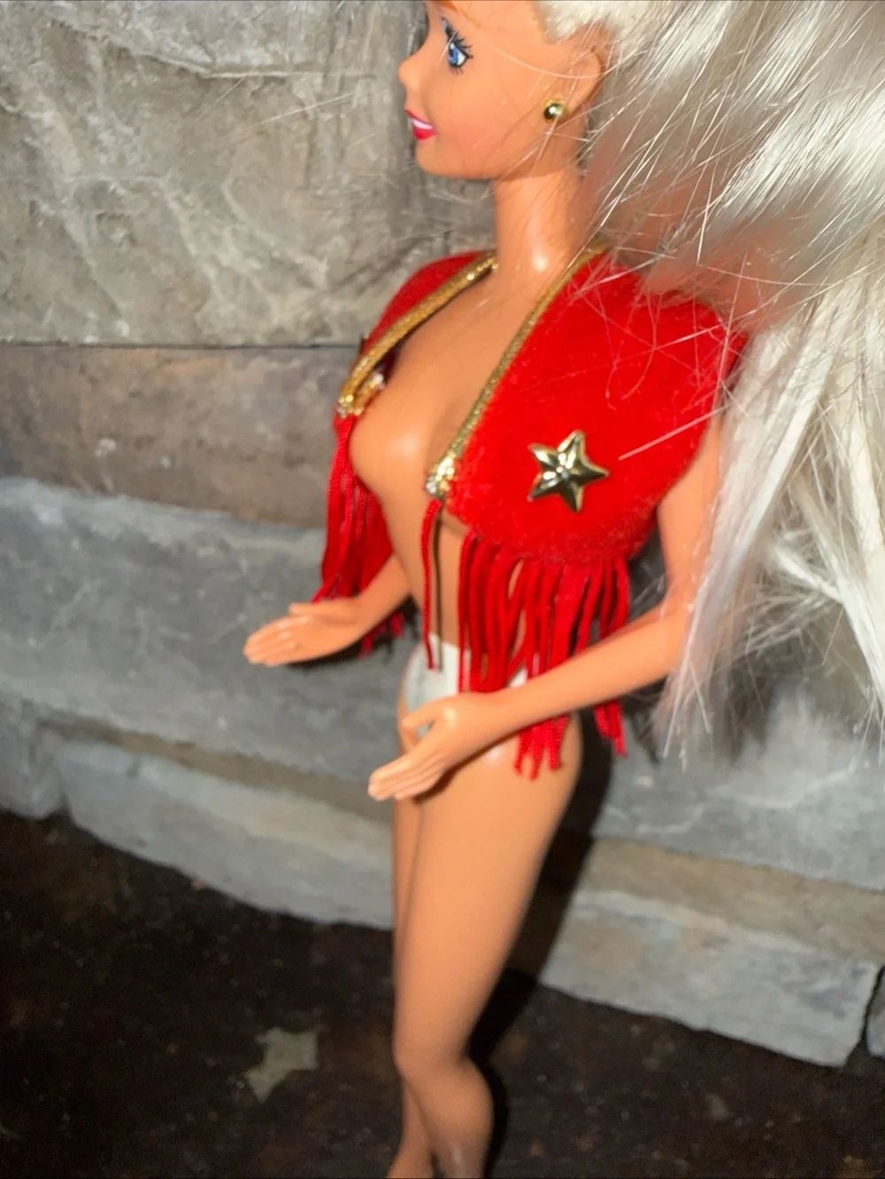 Barbie Vinatge red cowboy vest with fringe gold stars